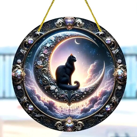 Suncatcher Other - Black Cat Cresent Moon Suncatcher 6" Clouds Crystals Hanging Cord Colorful Sky